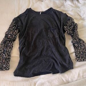 Free People Celine Sequin Top Black Gray Oversizeded T-Shirt